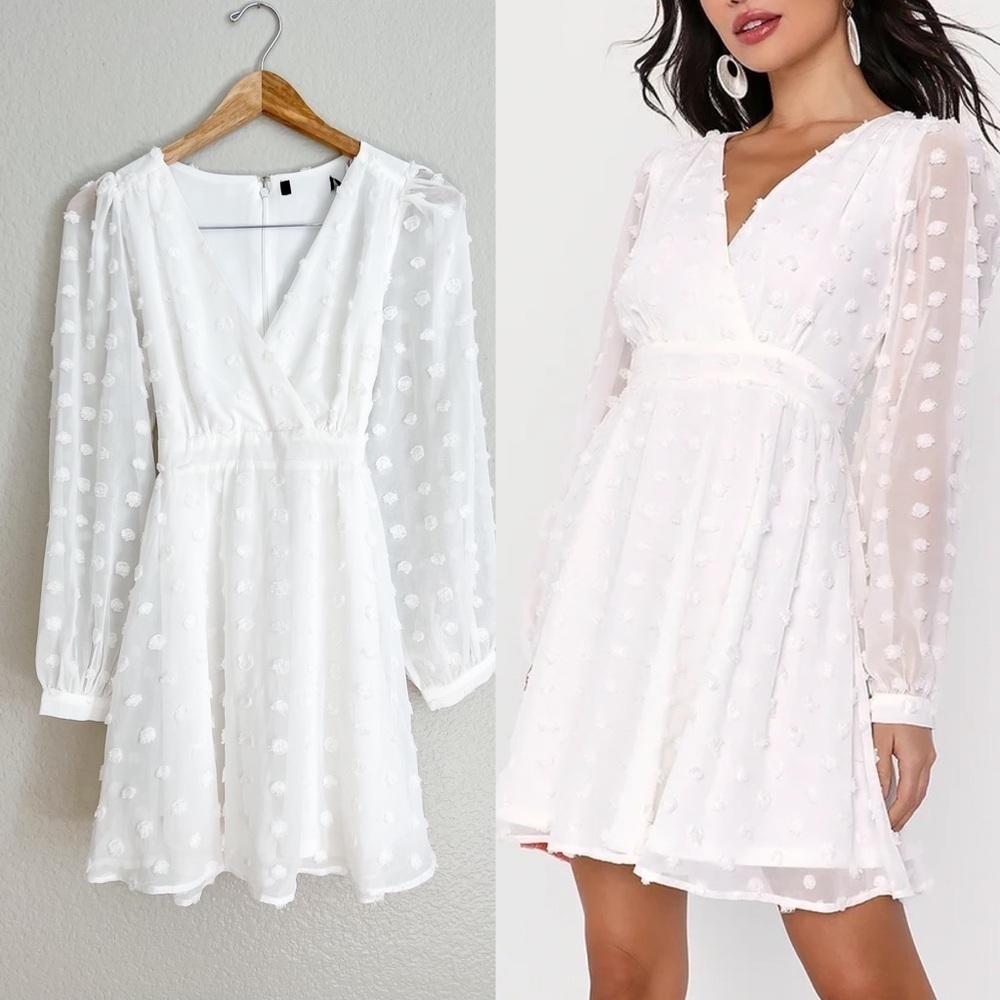 White Clip Dot Long Sleeve Mini Dress S Bridal